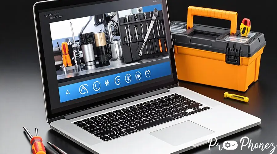 Firefly_An iPhone repair kit next to a laptop displaying a repair tutorial video. 41537 Firefly_An iPhone repair kit next to a laptop displaying a repair tutorial video. 41537
