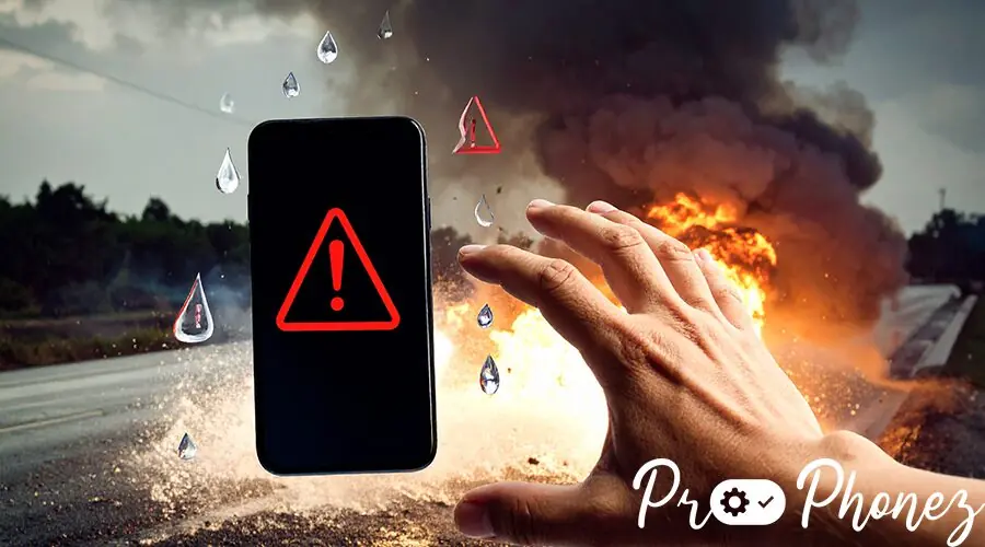 Firefly_An iPhone with warning signs (exclamation marks, smoke, water drops) and a hand reach 543187 Firefly_An iPhone with warning signs (exclamation marks, smoke, water drops) and a hand reach 543187