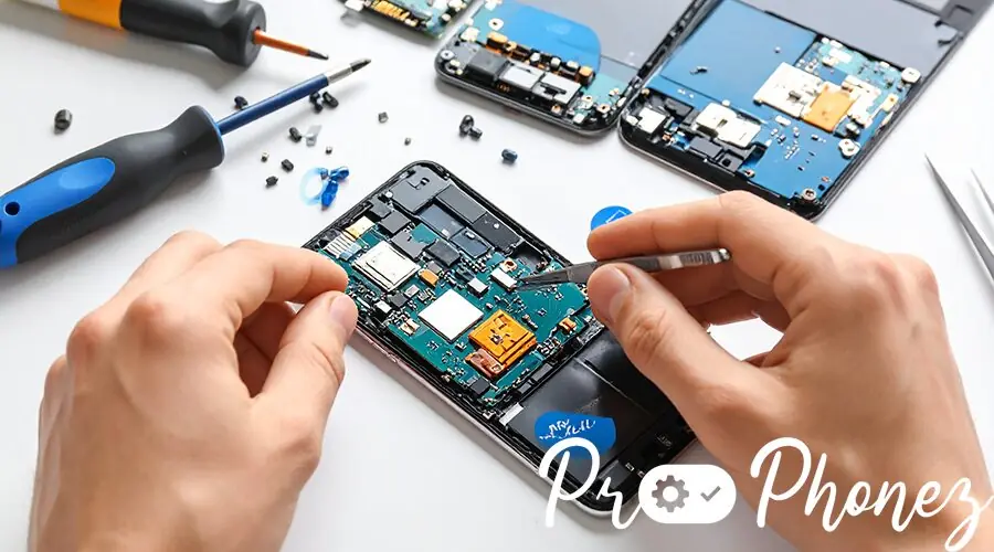 Firefly_Hands performing simple repairs on an iPhone, with pop-up icons showing quick fixes l 424099 Firefly_Hands performing simple repairs on an iPhone, with pop-up icons showing quick fixes l 424099