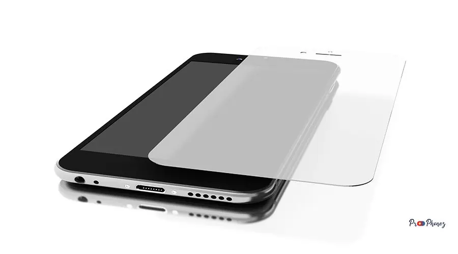 3d Smartphone with screen protect glass 3d illustration. Smartphone with screen protect glass. Mobile accessory concept. Isolated white background