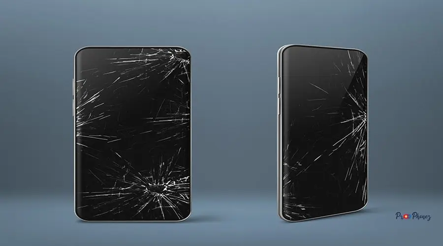 Mobile phone with broken screen set, gadget device Mobile phone with broken screen set front and side view, smashed smartphone, shattered electronics device with black touchscreen covered with scratches and cracks, Realistic 3d vector illustration