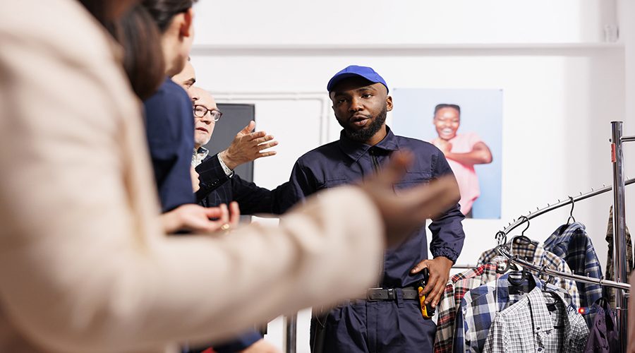 African American man security guard in uniform controlling entrance of fashion store, talking with anxious shoppers wait in line for Black Friday sales. Crowd control during holiday shopping season