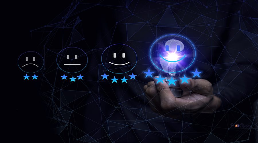 Businessman are touching the virtual screen on the happy Smiley face icon to give satisfaction in service. rating very impressed.digital marketing,Customer service and satisfaction concept.