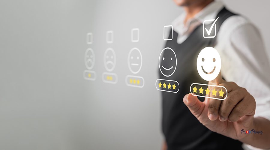 Businessman pressing face emoticon rating on virtual touch screen to service experience. Customer service and Satisfaction concept.