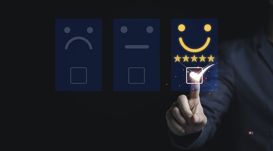 Businessman  touch on virtual tab bar to customer evaluates products and services. Customer satisfaction and marketing survey rating concept.