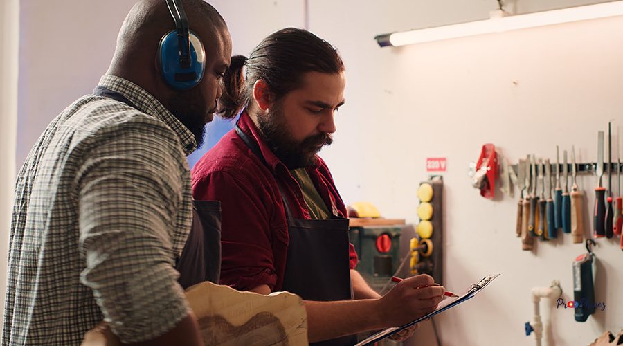 Carpenter and colleague looking over technical schematics, brainstorming ideas for wooden object. Master and apprentice analyzing blueprints to execute furniture assembling project, camera A