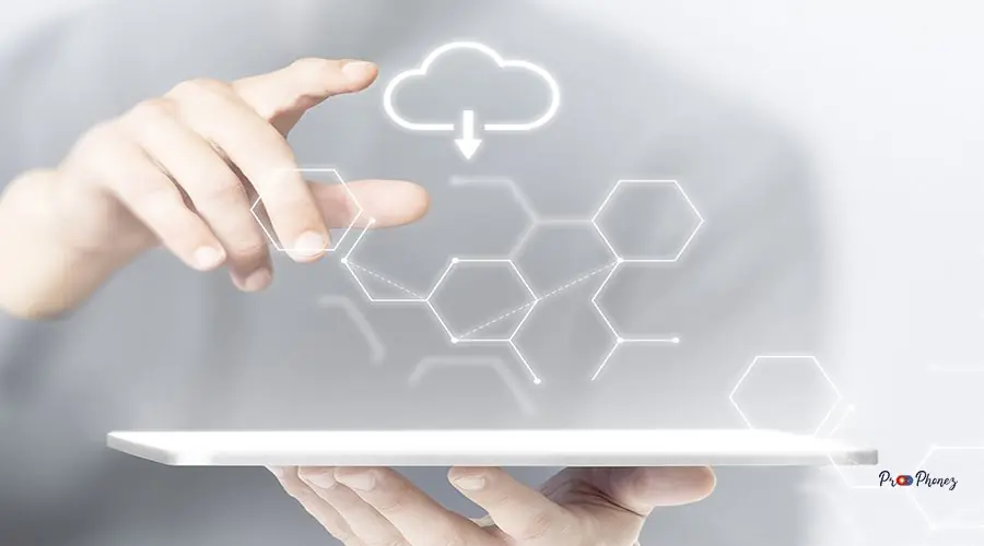 Man using digital tablet psd mockup smart technology Cloud system tablet background smart technology remixed media
