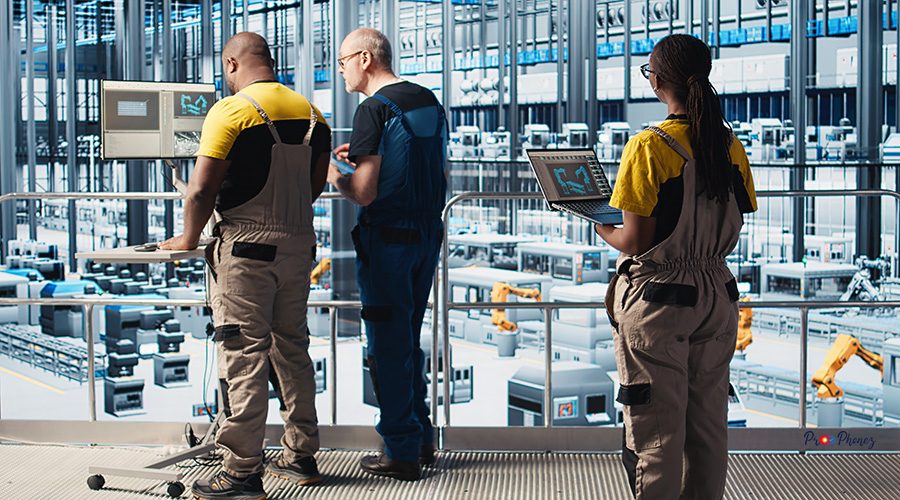 Engineers in industry 4.0 industrial plant controlling automated machinery, ensuring workflow continuity. Technicians in smart factory managing robotic arms and conveyor belts, camera A