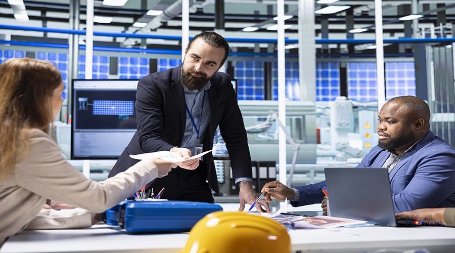 Factory manager giving paperwork files to investors reviewing financial statements before signing deal. Industrial plant management executive offering compliance records to shareholders