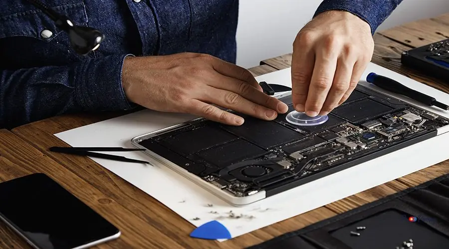 Electronic repair service Master uses small suction cup to change battery cells from broken laptop to repair and clean it in his laboratory with specific toolkit on wooden table around close focus on hands.