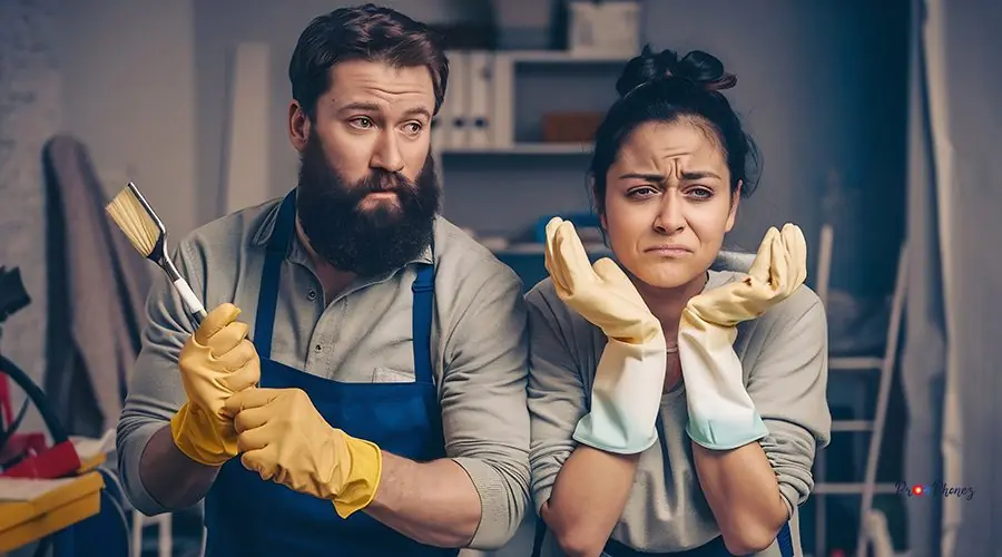 photo-hesitant-bearded-man-displeased-woman-wears-protective-gloves-carries-brush-work-tog iphone 13 back glass replacement