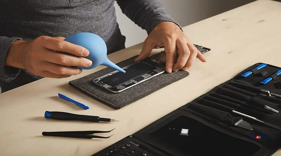 Computer and phone repairment service Professional is working in his lab to repair and clean smartphone Toolkit box with specific instruments near