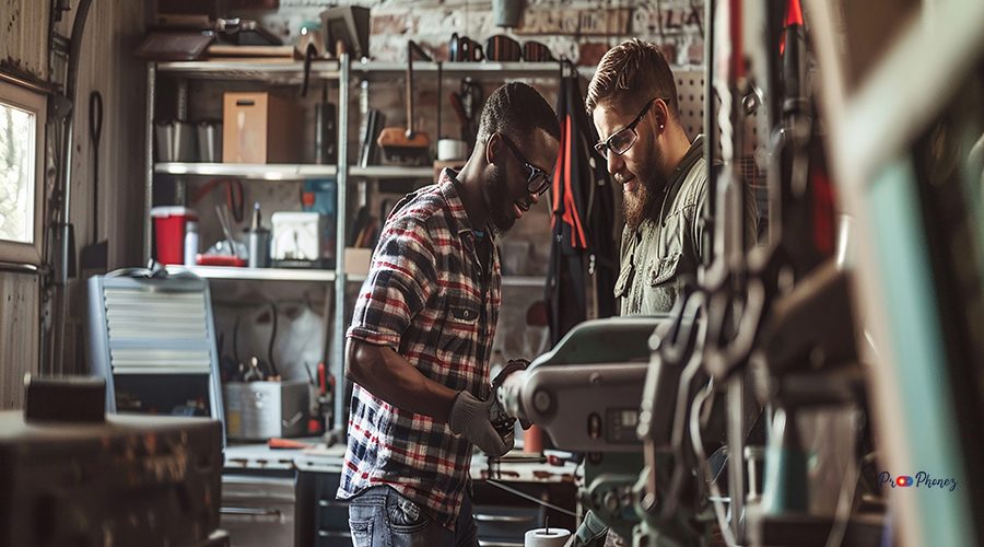 quottwo-male-friends-working-diy-project-togetherquot