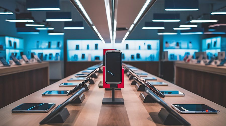 showcase-with-smartphones-modern-electronics-store