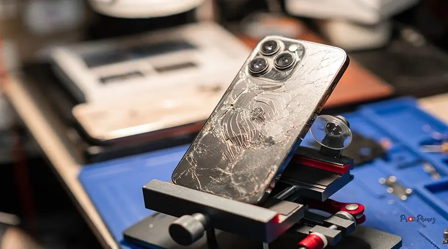 A smartphone with cracked screen on repair service desk during a phone repair process in the workshop A smartphone with a shattered screen rests on a repair station, awaiting expert service from technicians in the workshop.