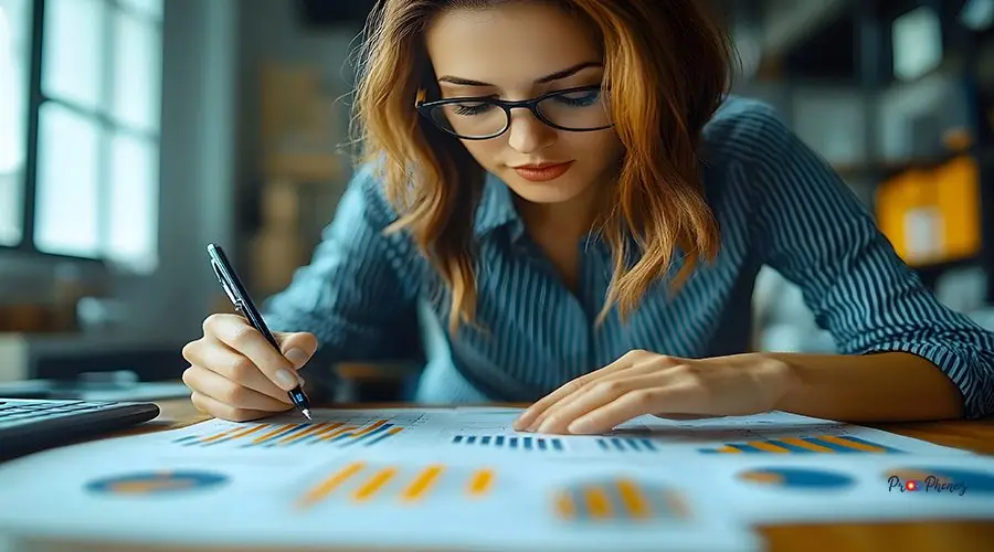 Brand strategist presenting market research data, corporate clea Brand strategist presenting market research data, corporate clea