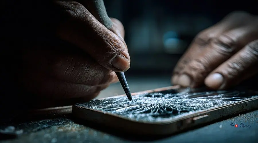 Close-Up of Hands Repairing Cracked Smartphone with Glue Application First-person perspective of hands carefully applying glue to a cracked smartphone casing. The close-up image highlights the precision and attention to detail in the repair process.