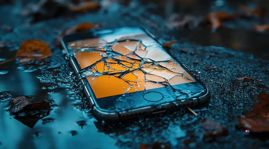 Damaged smartphone lies in water with cracked screen during sunset after being dropped outdoors A smartphone with a shattered screen rests partially submerged in water amidst fallen leaves as the sun sets, creating a dramatic reflection and a feeling of loss.
