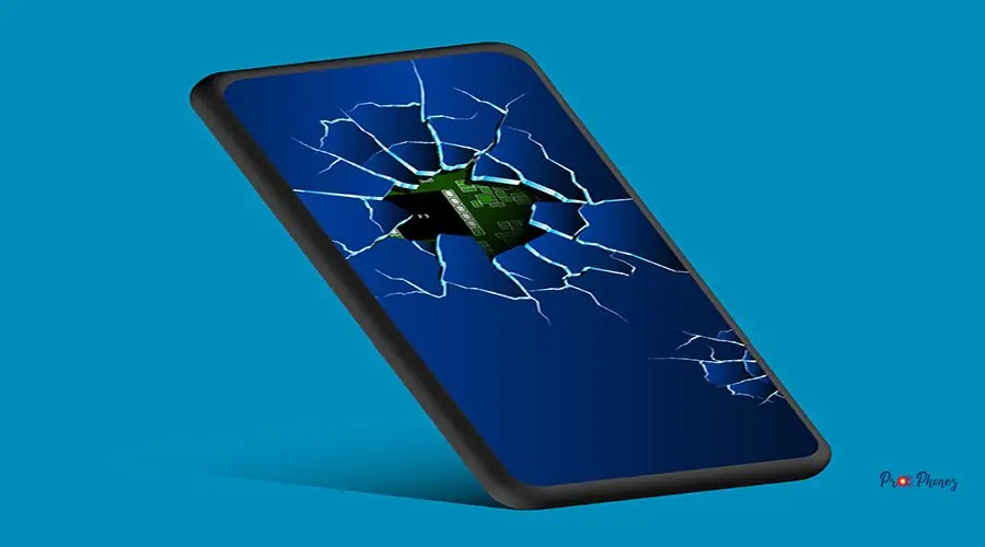 smartphone with broken touchscreen and an electronic board insid cracked iphone screen